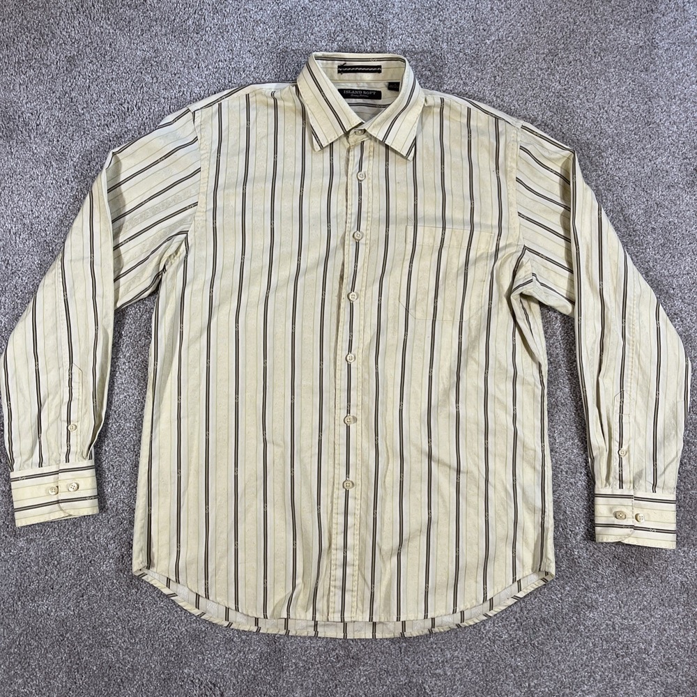 Tommy Bahama Shirt‎ Large Yellow Gray Striped Island Soft Button Up Long Sleeve